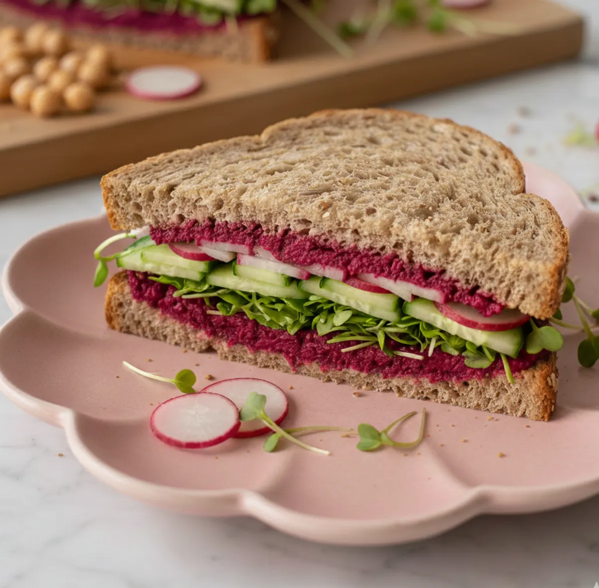 Beetroot Hummus Sandwich — Vegan Pink Lunchbox Meal