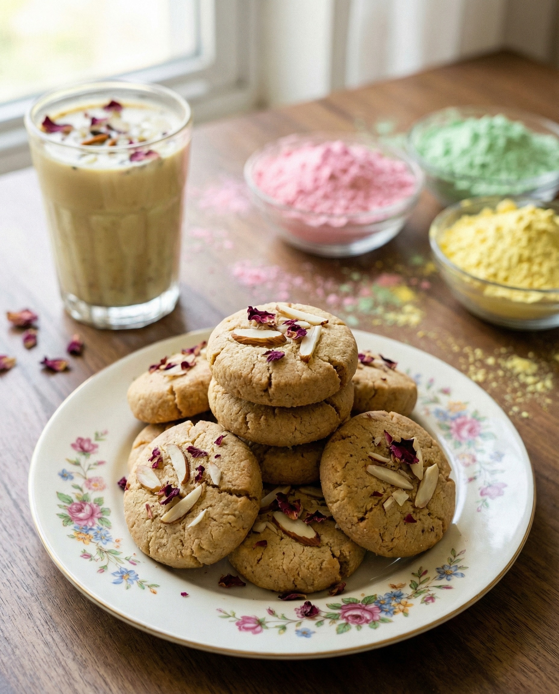 Freshly baked jowar thandai nankhatai cookies garnished with pistachios and rose petals on a vintage tray