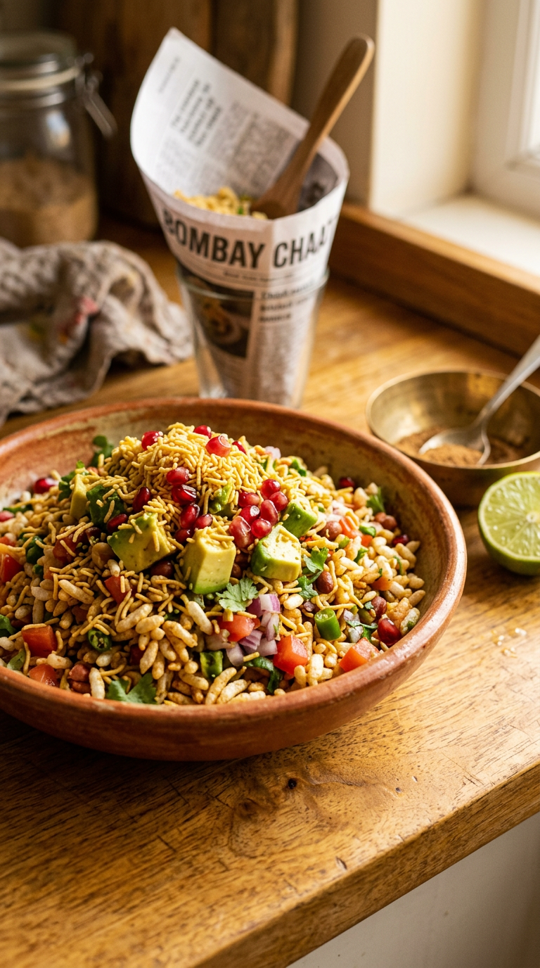 Avocado bhel in a wide shallow bowl with puffed rice, sev, avocado chunks, and pomegranate seeds
