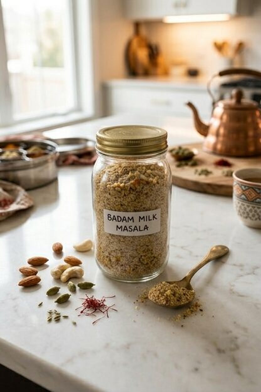 Glass jar of dry fruit powder for milk on marble counter with almonds, cashews, and spices