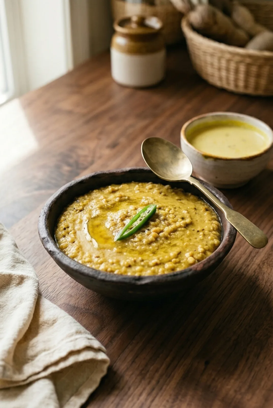 Bajra khichdi in a dark clay bowl with golden ghee pool and green chilli garnish on a walnut wood surface