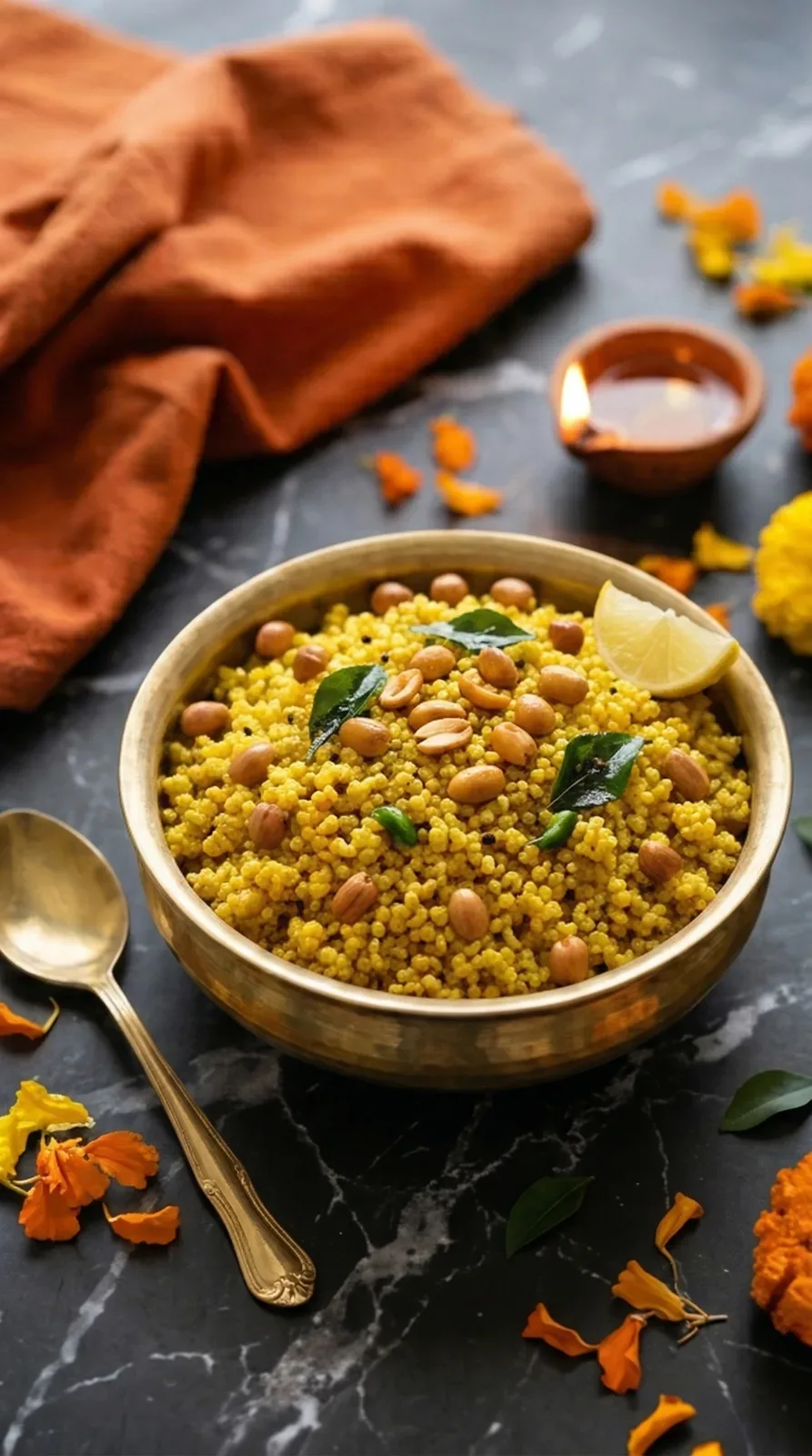 Barnyard millet lemon rice in a brass bowl with curry leaves, peanuts, lit diya and marigold petals for Navratri