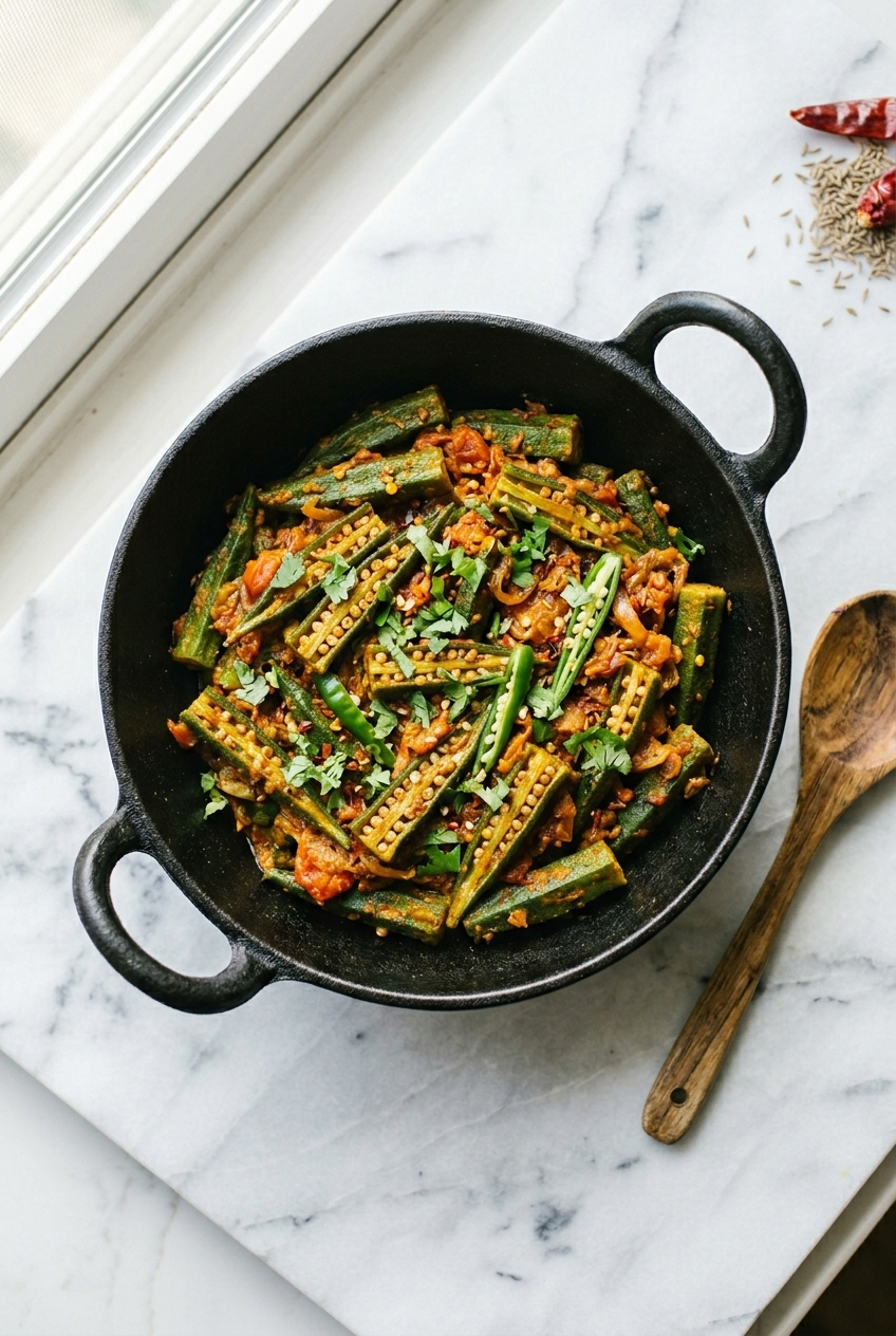 Bhindi masala in a black kadai — crispy slit okra coated in orange-red Gujarati spice masala