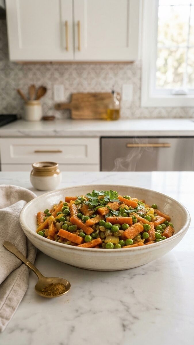 Carrot peas sabzi in a bowl with steam, long-cut carrots and peas, marble kitchen