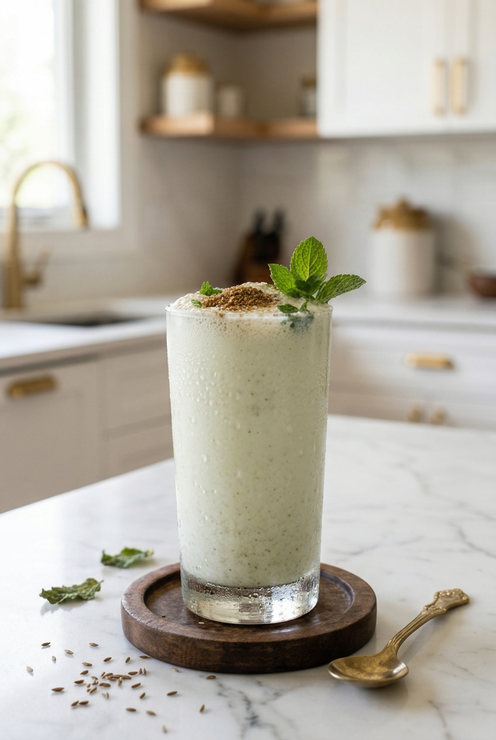 A tall glass of masala chaas garnished with roasted cumin and fresh mint on a white marble counter
