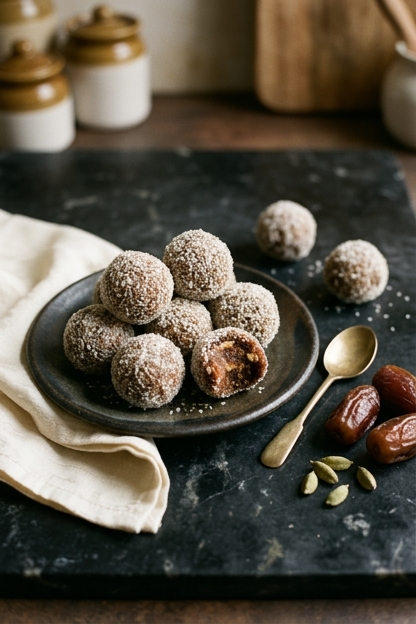 Dates and jaggery energy balls on a dark ceramic plate with whole dates and cardamom pods on marble