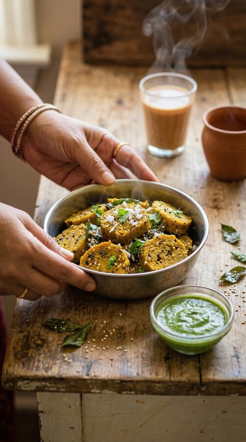 Steamed dudhi muthiya slices tempered with mustard seeds and sesame on a serving plate