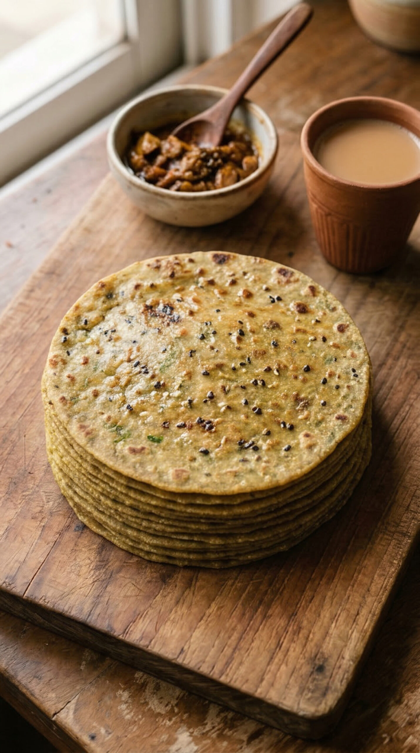 Stack of thin dudhi thepla on a wooden board with mango pickle and masala chai