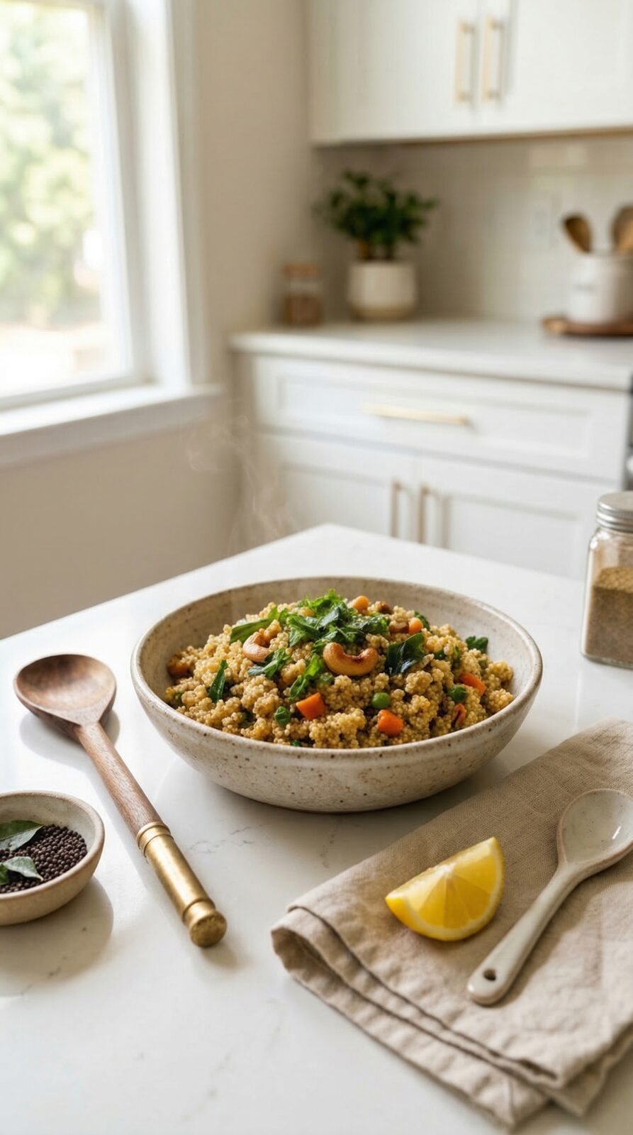 Foxtail millet upma served in a ceramic bowl with coriander garnish and lemon wedge on a marble surface
