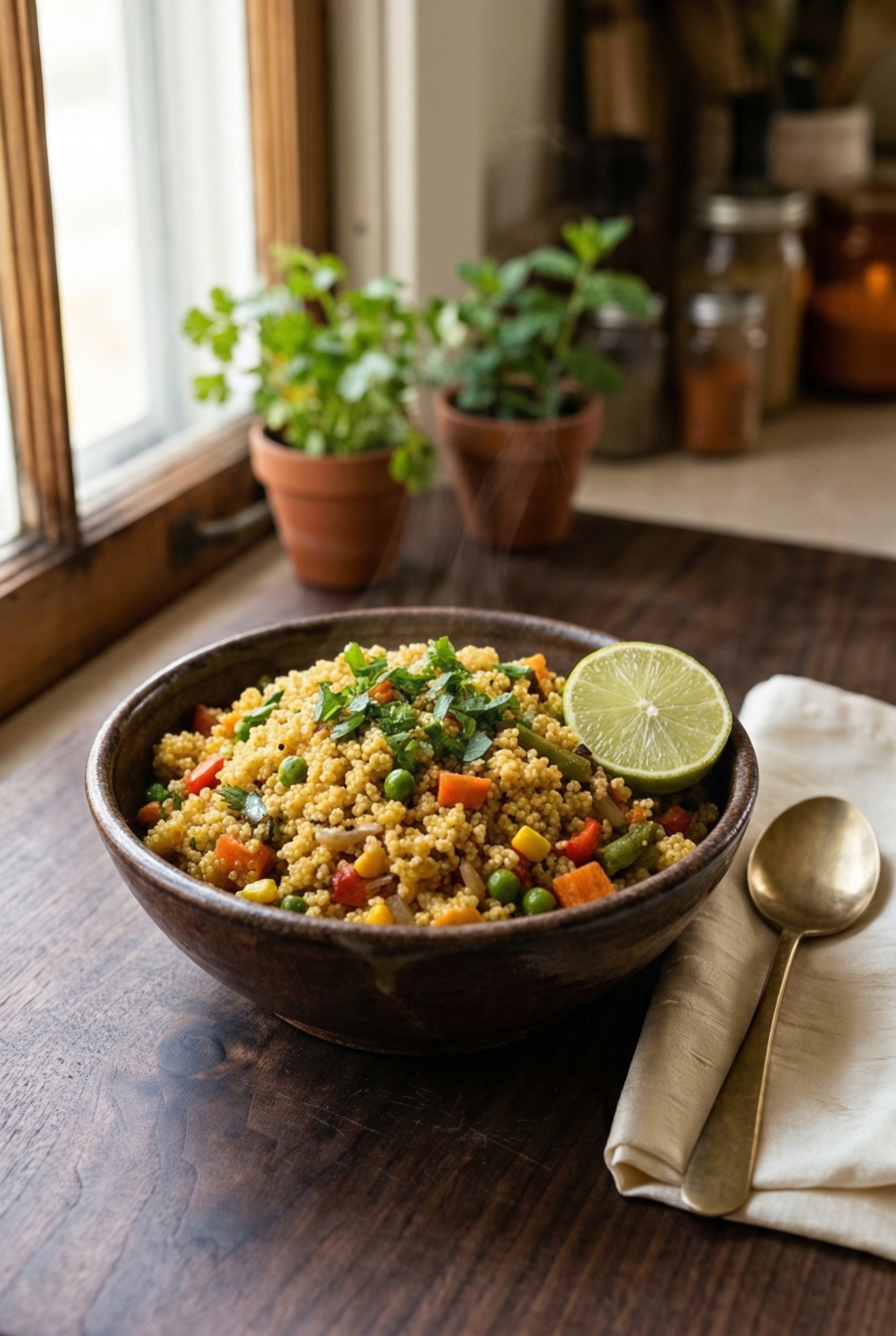 Foxtail millet vegetable pulao served in a bowl with steam rising, shot at 45° angle in a warm Indian-American kitchen