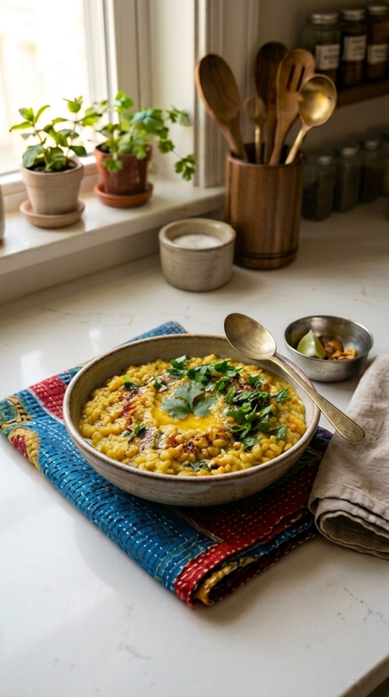 Bowl of Gujarati khichdi with melted ghee and fresh cilantro on white marble counter