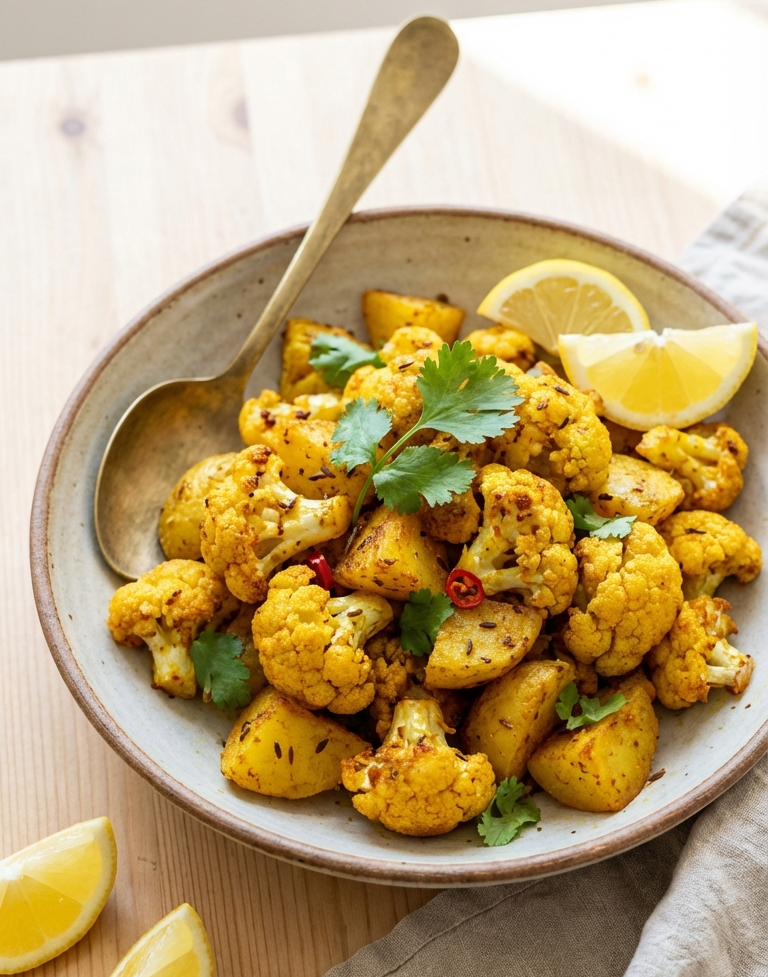 rispy air-fryer aloo gobi with golden cauliflower and potato in a rustic ceramic bowl, garnished with fresh coriander and lemon wedges, shot at a 45° angle on a light wood surface.