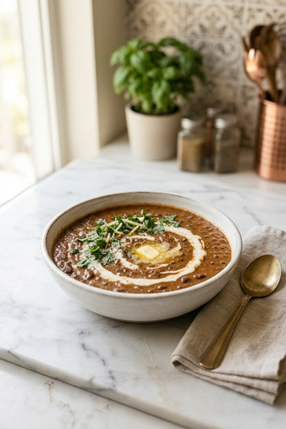 Instant Pot dal makhani served in a white ceramic bowl with a swirl of cream and fresh cilantro on a marble countertop