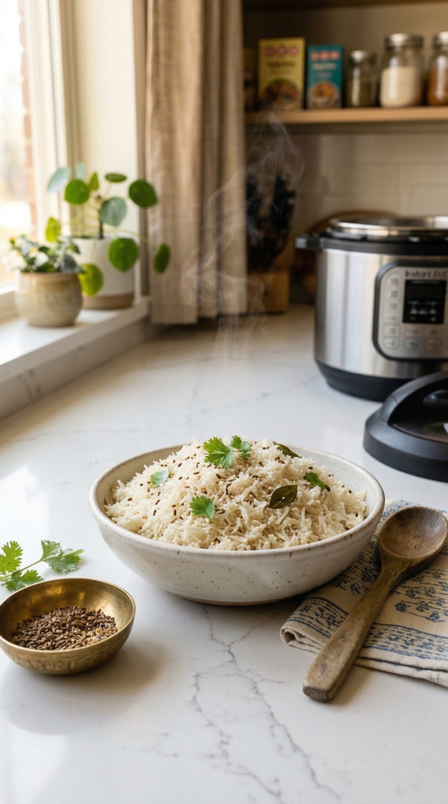 Instant Pot jeera rice served in a white ceramic bowl garnished with cumin seeds and fresh cilantro, in a modern Indian-American kitchen