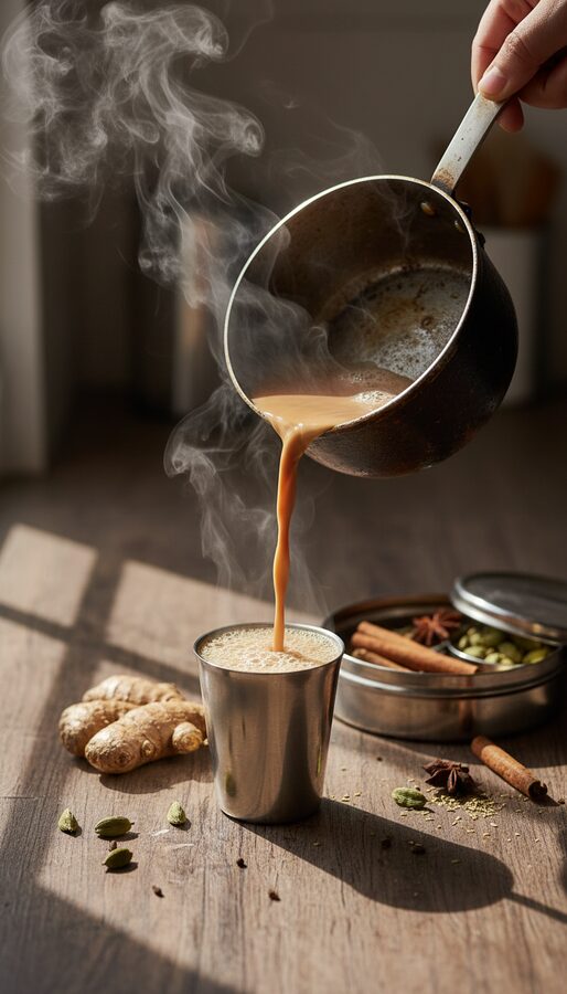 Steaming kadak ginger chai served in traditional cups with fresh ginger and cardamom on the side