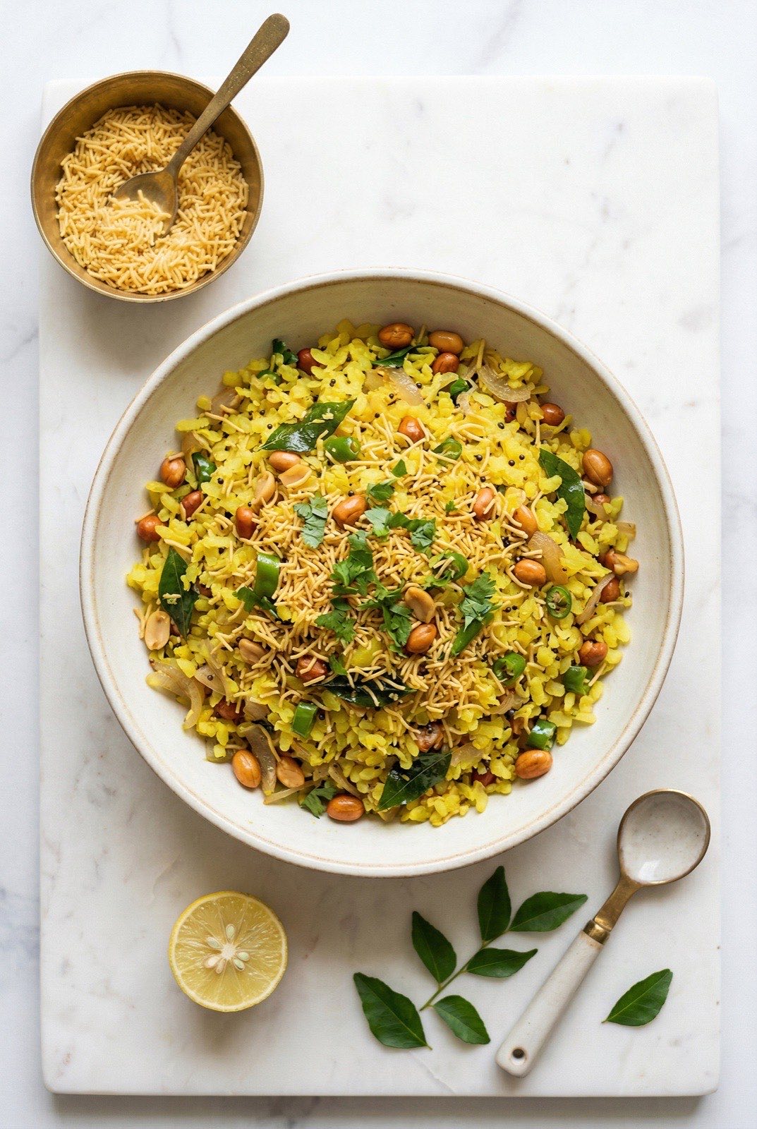 Overhead shot of kanda poha in a wide ceramic bowl on white marble, garnished with coriander, sev, peanuts and curry leaves, with a halved lemon and small sev bowl alongside