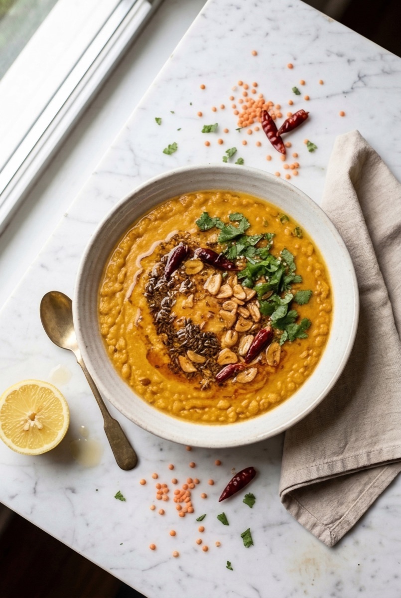 Overhead hero shot of golden-yellow masoor dal in a wide ceramic bowl with tadka, crispy garlic, dried red chilies, cilantro, and scattered red lentils on white marble