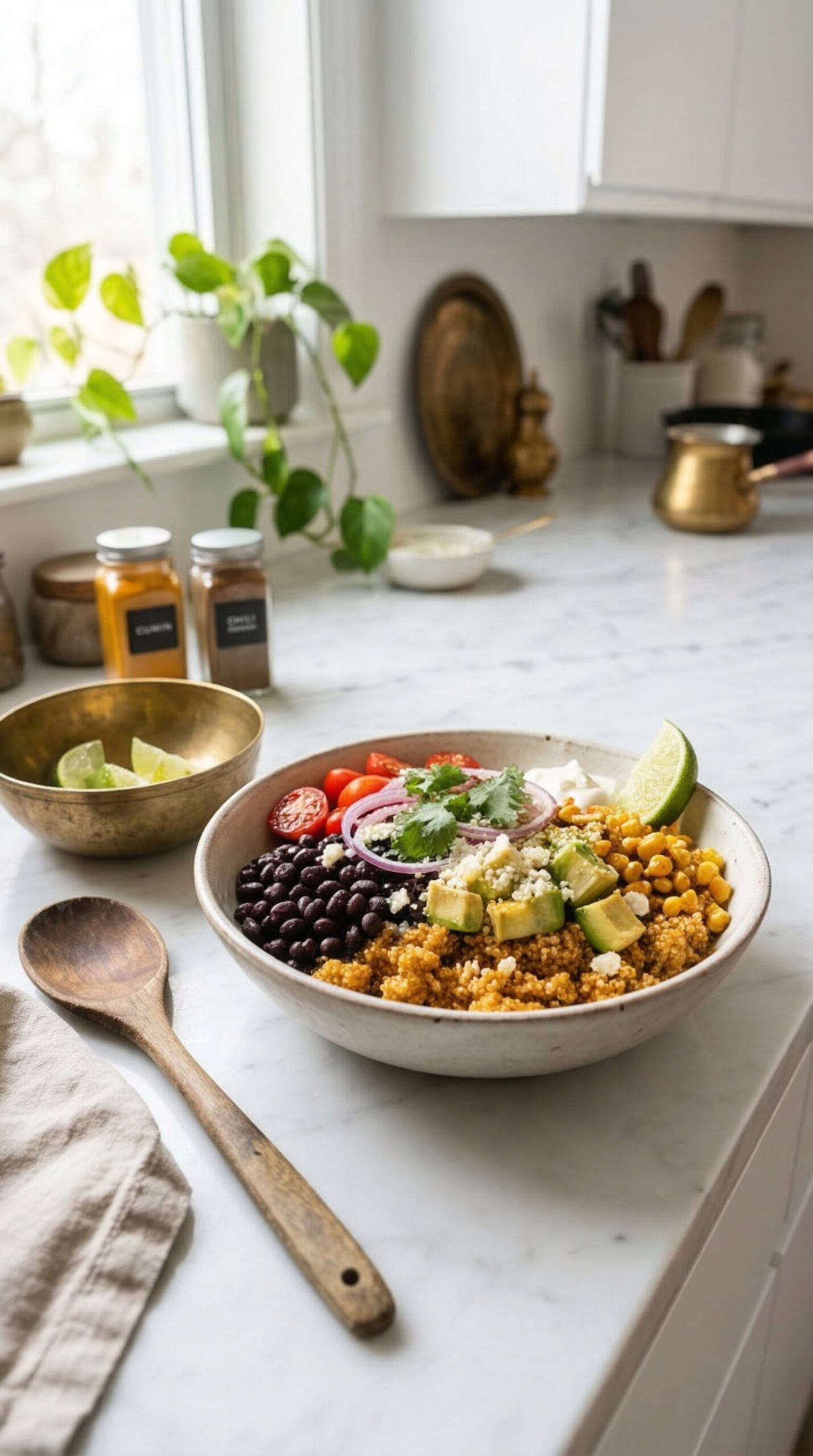 Mexican quinoa bowl with taco masala-seasoned quinoa, black beans, avocado, corn and cherry tomatoes on a white marble counter in a modern Indian-American kitchen