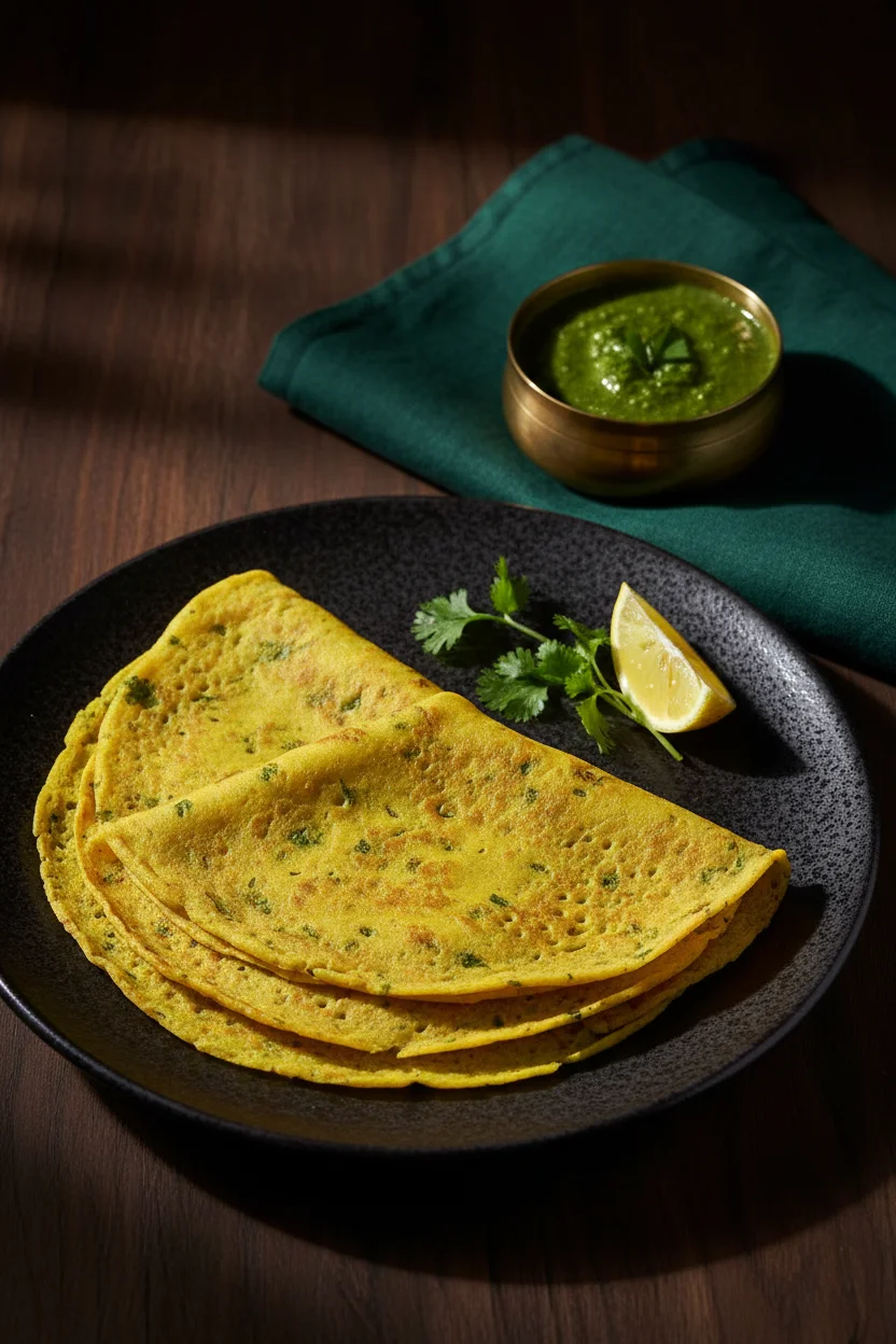 Crispy moong dal chilla stack on a dark plate with green chutney, lemon wedge, and fresh coriander