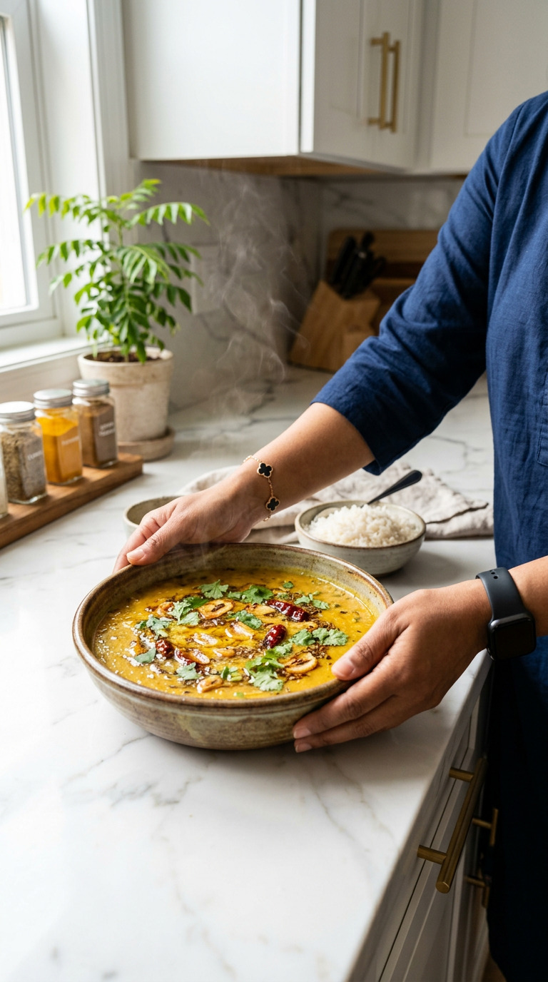 One pot dal tadka in a ceramic bowl with sizzling ghee tadka being poured over, fresh coriander garnish