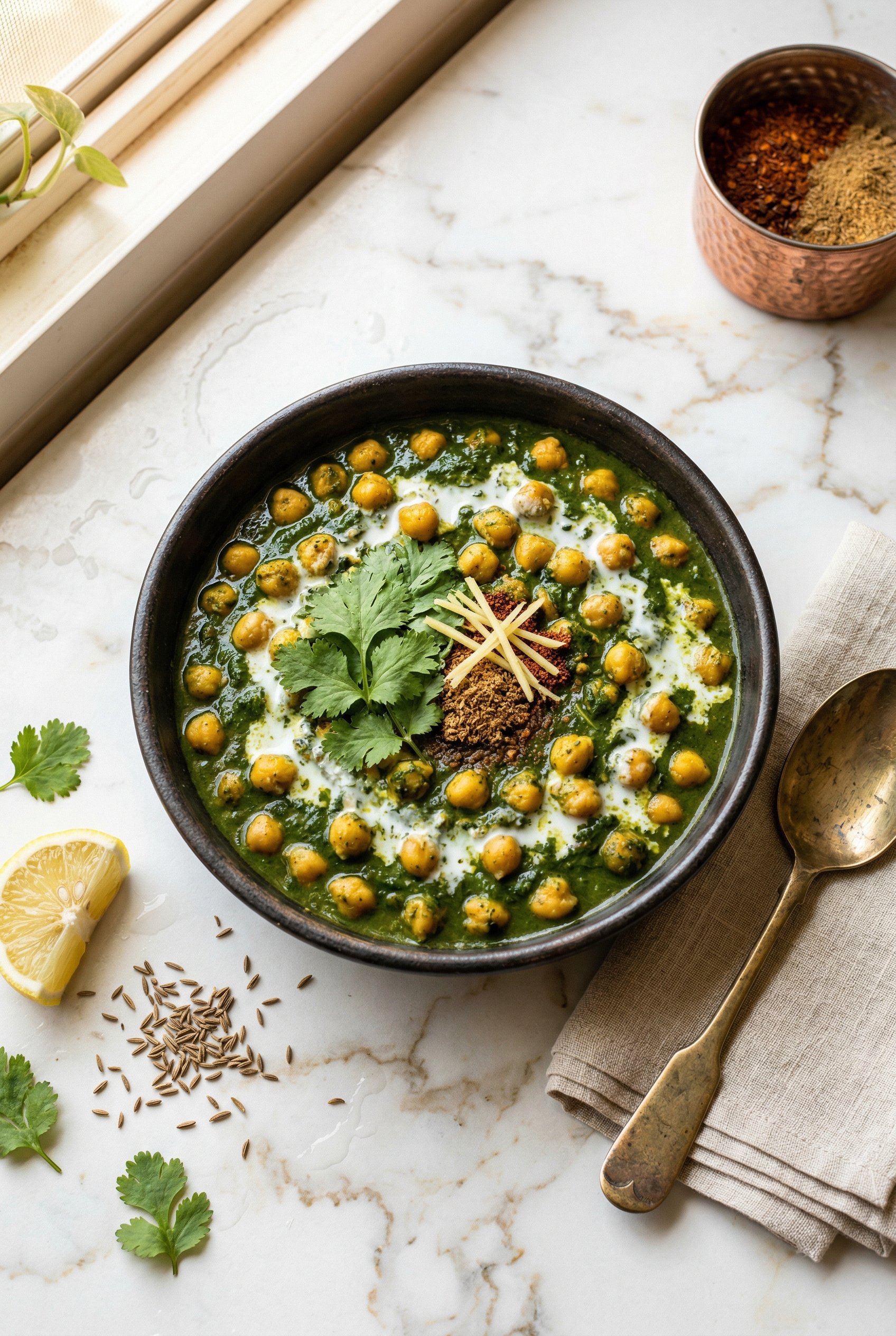 Palak chhole in a dark ceramic bowl — green spinach gravy with golden chickpeas, garnished with coriander and cashew cream, overhead shot on white marble