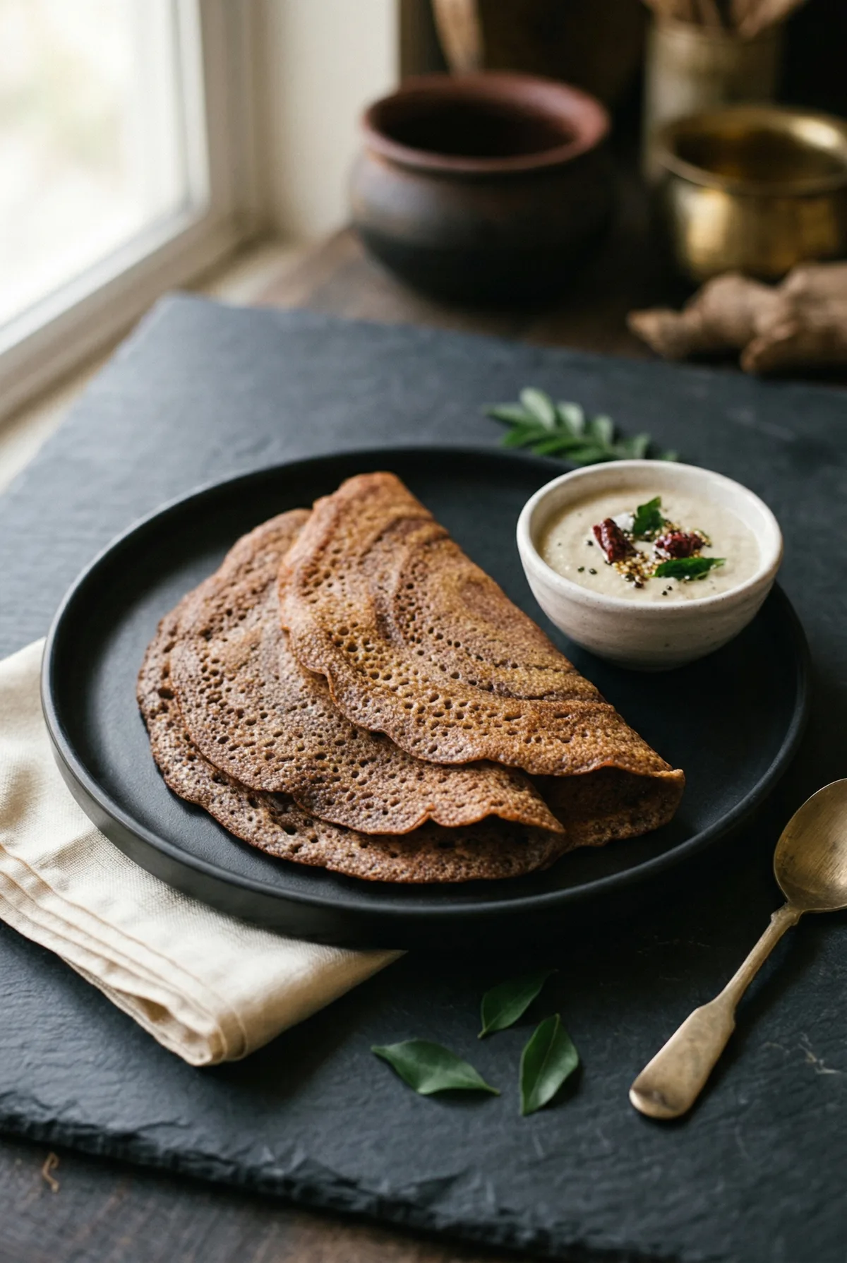 Two crispy ragi dosas folded on a black ceramic plate with coconut chutney and a brass spoon on a charcoal slate surface