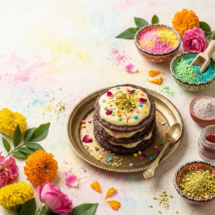 Stack of ragi malpuas layered with saffron rabdi surrounded by festive Holi colors and flowers