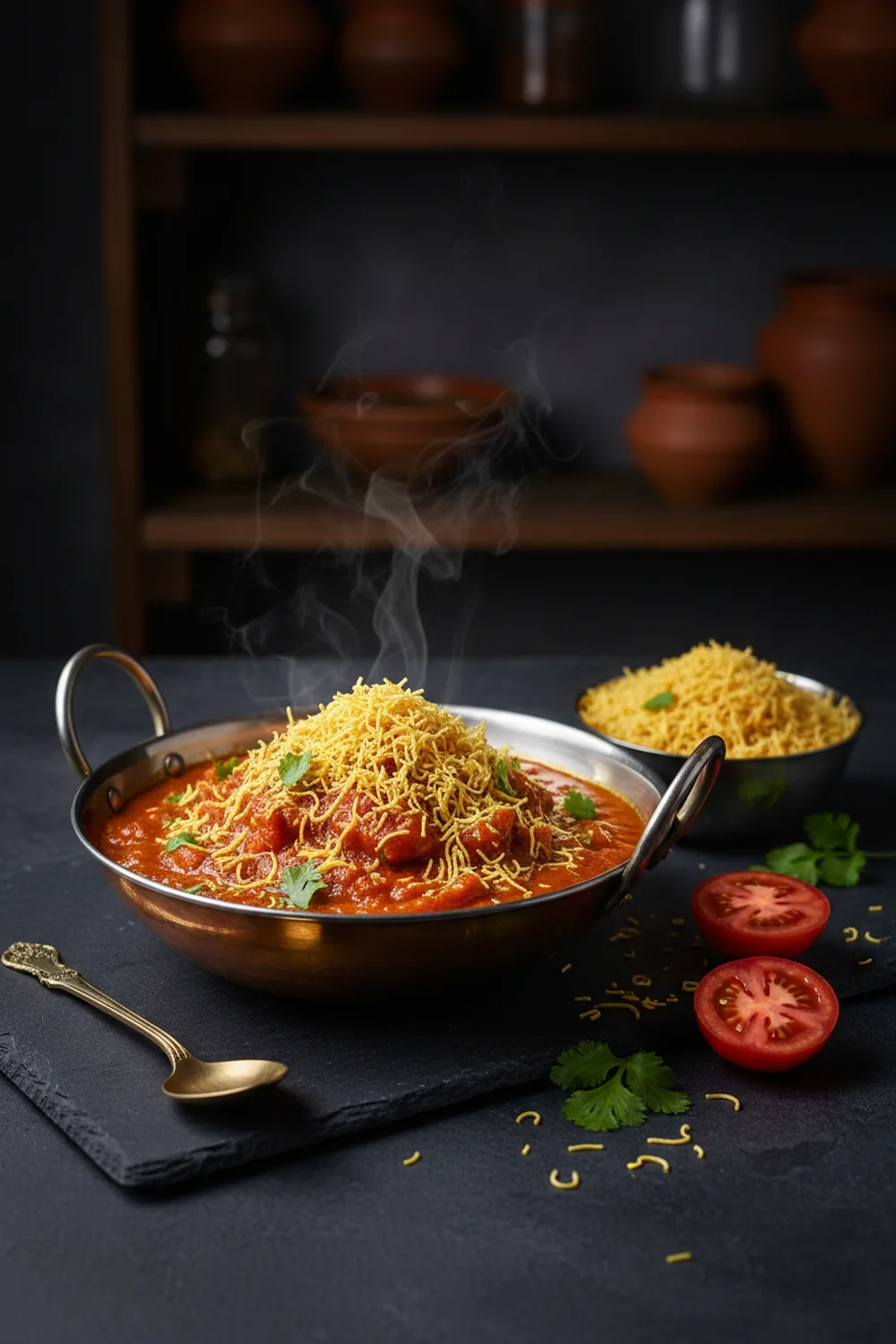 Sev tameta nu shaak in a steel karahi with steam rising, crispy sev mound on top, dark slate surface with brass spoon and tomatoes
