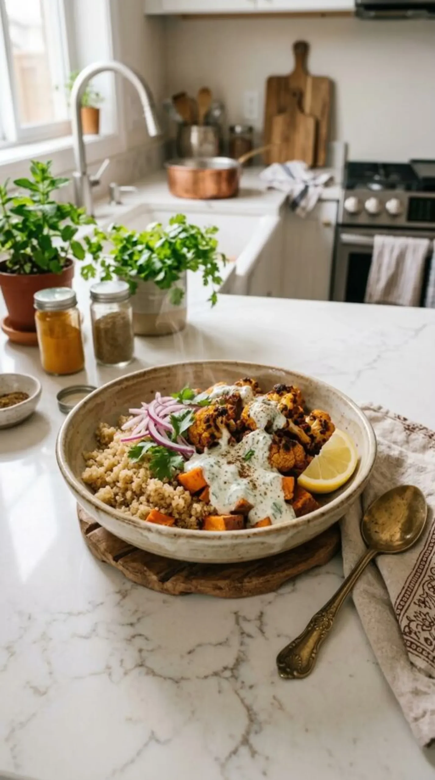 Tandoori Cauliflower Quinoa Bowl — Chole Masala, Mint Raita