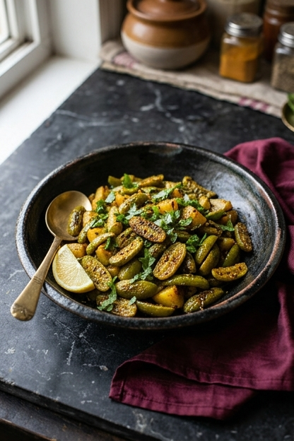Tindora nu shaak served in a dark karahi on aged black marble, garnished with fresh coriander