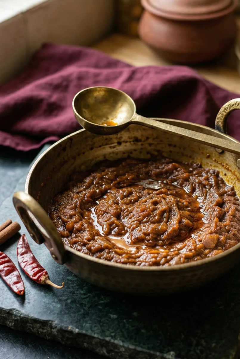 Thick onion tomato masala paste in a brass karahi on dark soapstone — Indian curry base ready for meal prep