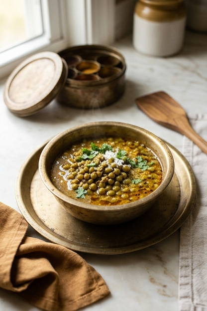 Tuver lilva nu shaak served in a brass katori on white marble countertop, garnished with coriander and grated coconut