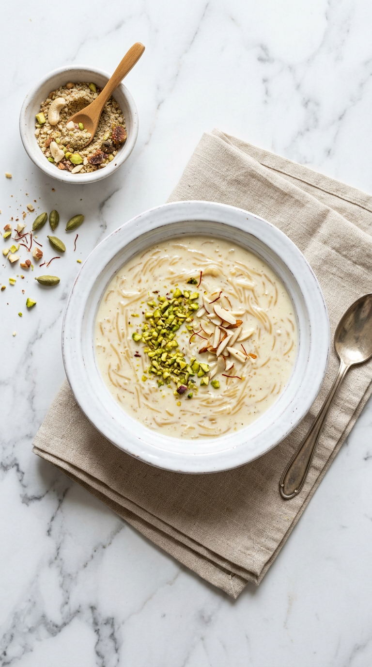 Vermicelli payasam in a white ceramic bowl on white marble, garnished with pistachios, almonds and saffron, with a small bowl of dry fruit powder beside it