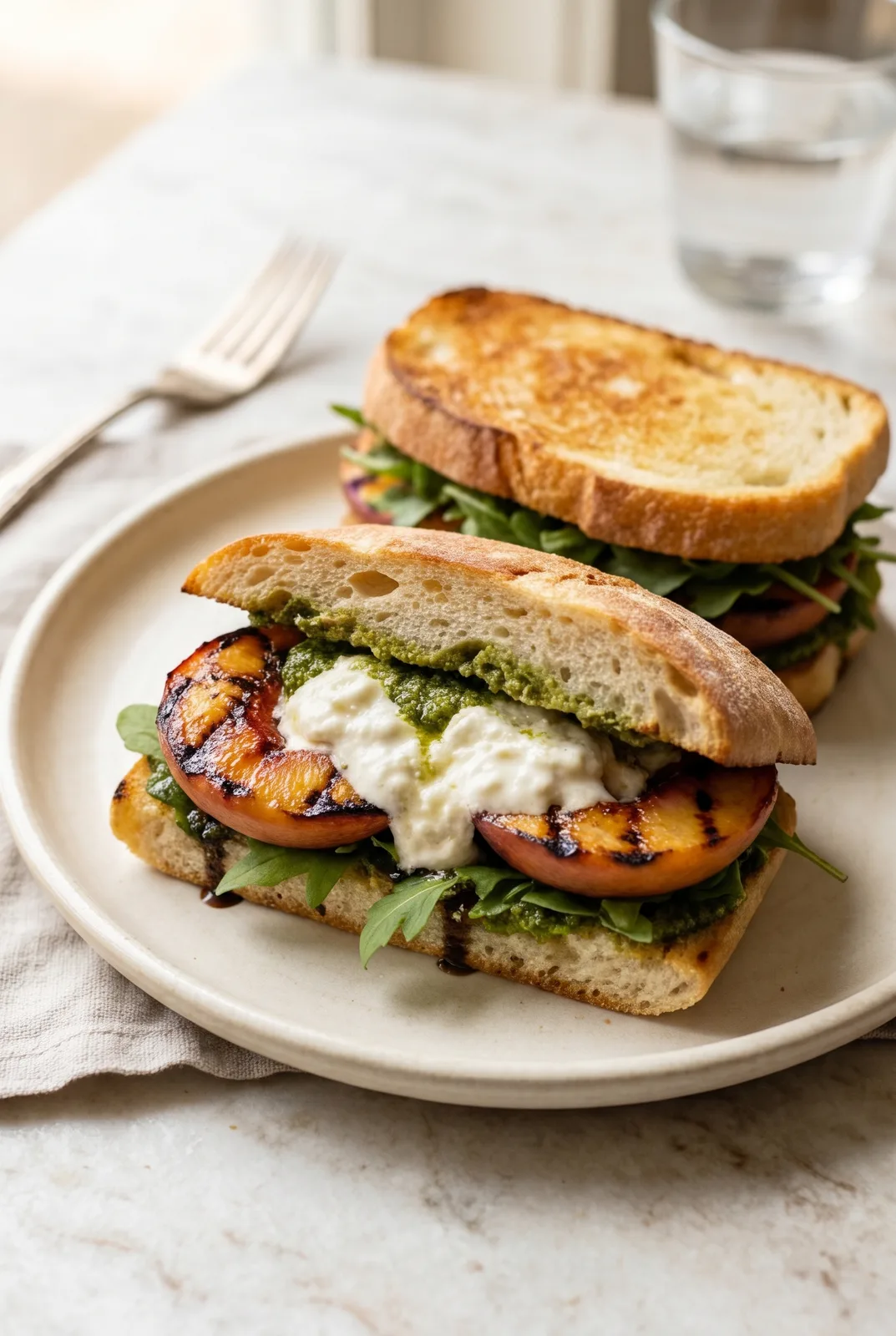 Grilled Peach Burrata Ciabatta — Pesto, Arugula, Balsamic
