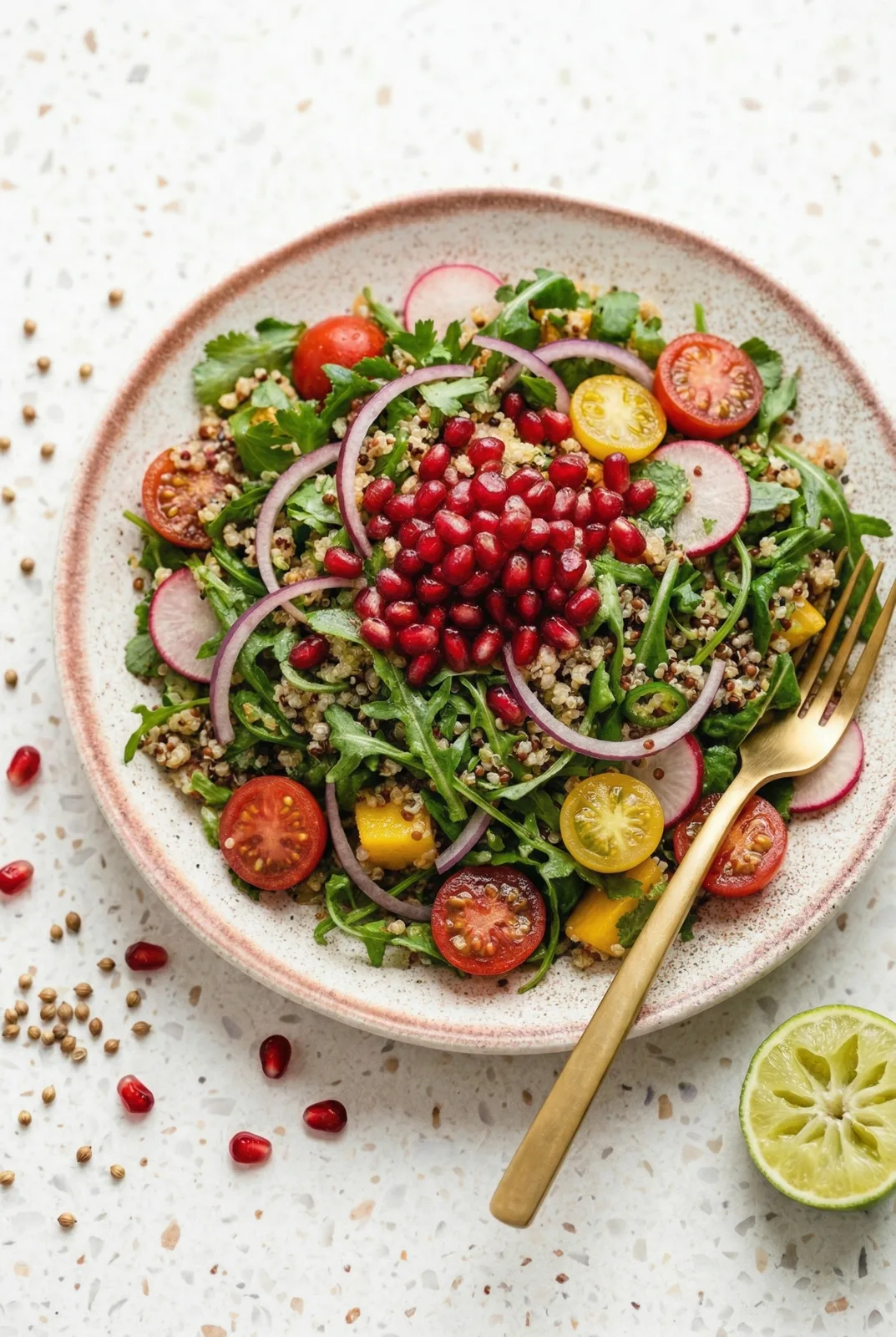Indian Lentil Quinoa Salad Bowl with Chaat Dressing