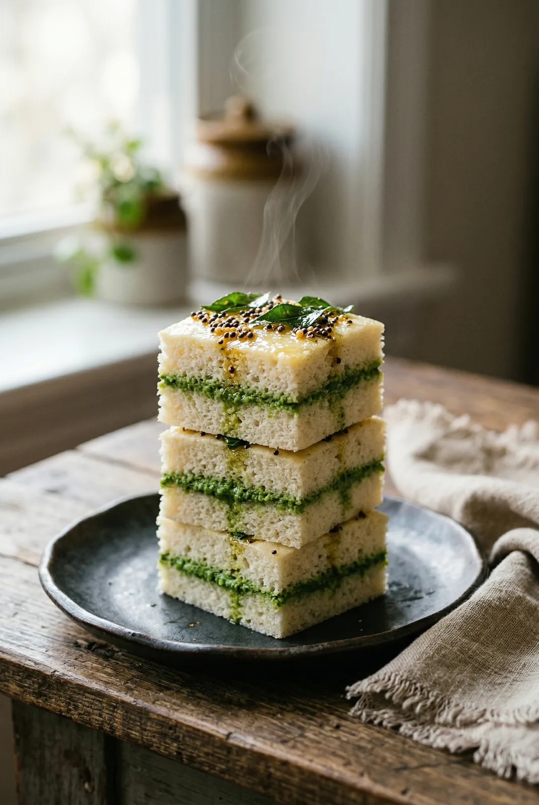 Sandwich Dhokla Recipe — Steamed Suji with Green Chutney