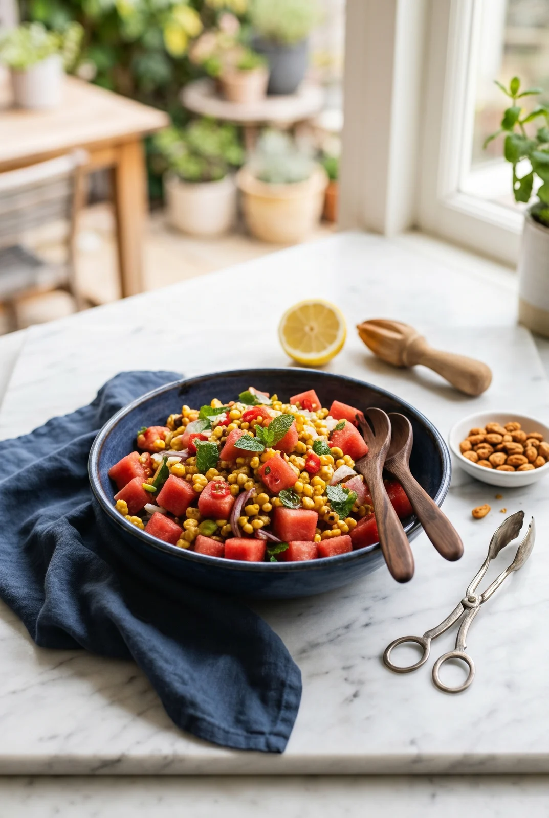 Tandoori Corn Watermelon Salad with Chaat Dressing