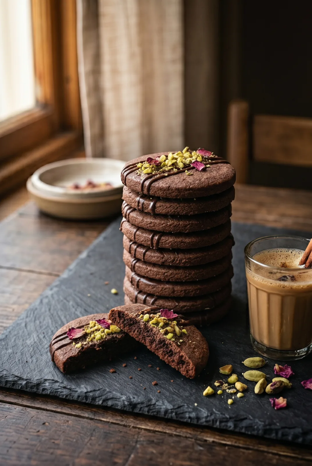 Chocolate Cardamom Shortbread Cookies with Rose & Pistachio