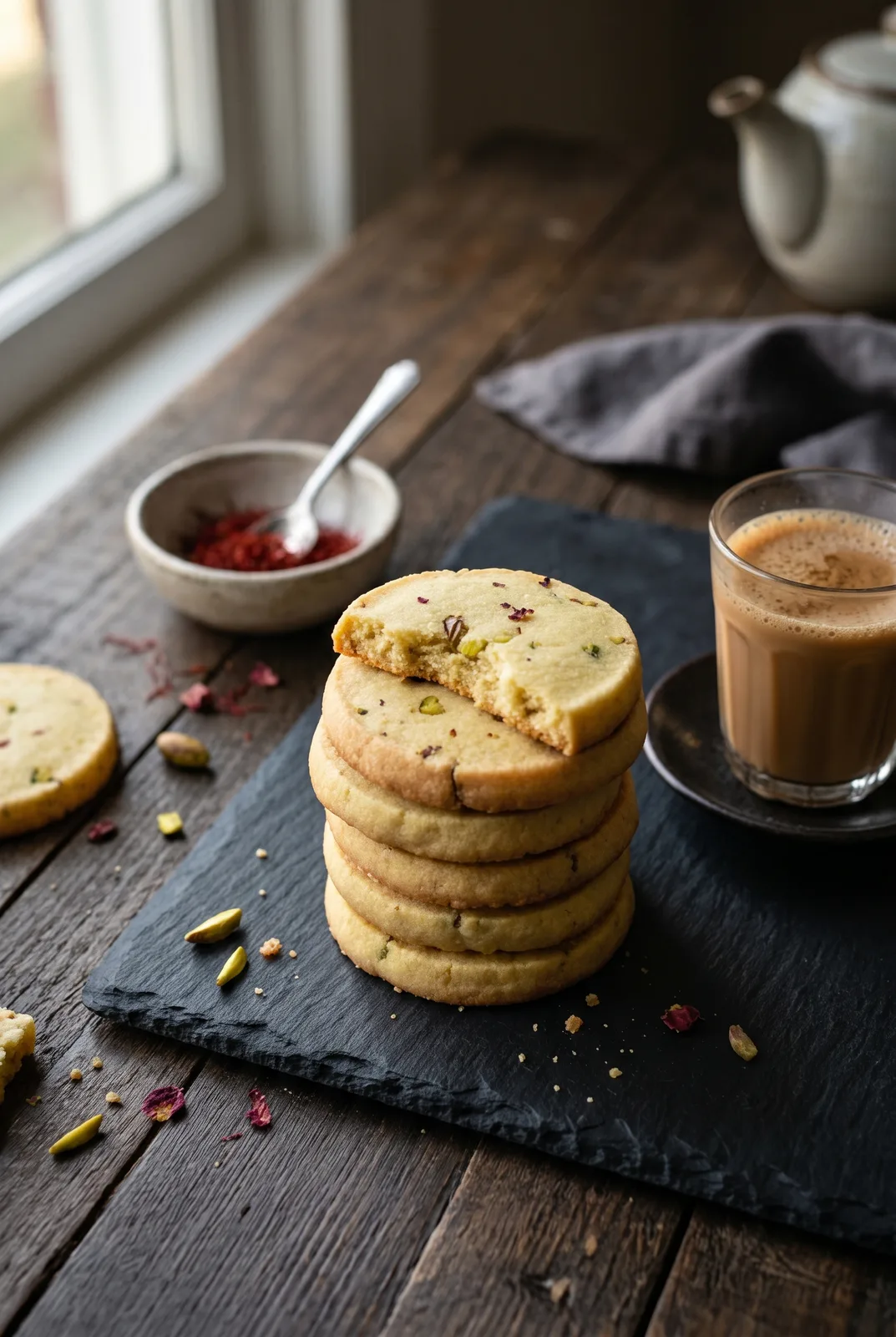 Kesar Pista Shortbread Cookies (Eggless Saffron Pistachio Shortbread)