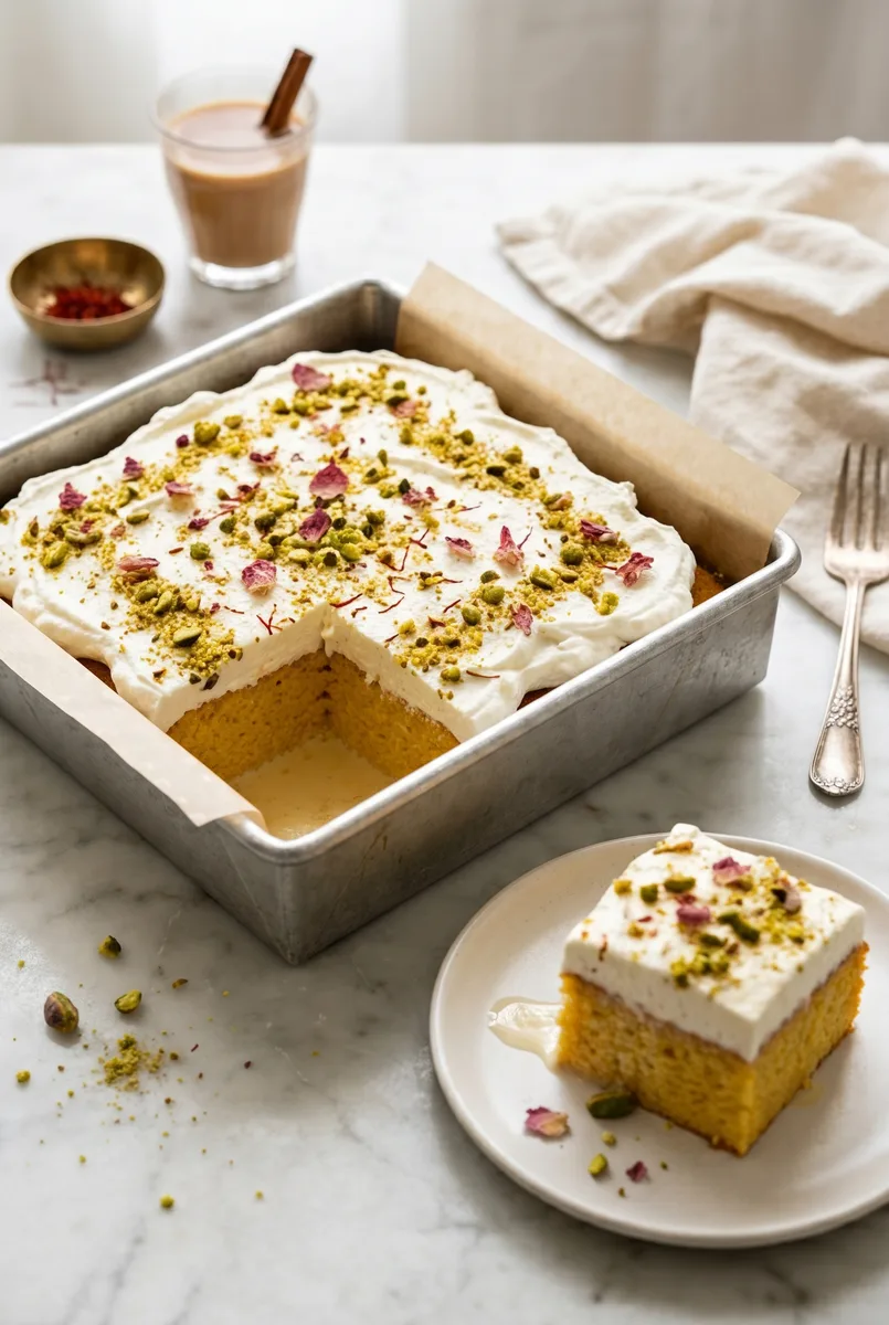 Eggless Kesar Pista Tres Leches Cake