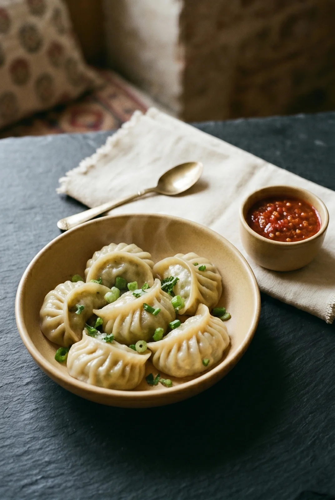 Lauki Momos (Bottle Gourd Dumplings) with Warm Tomato Dip