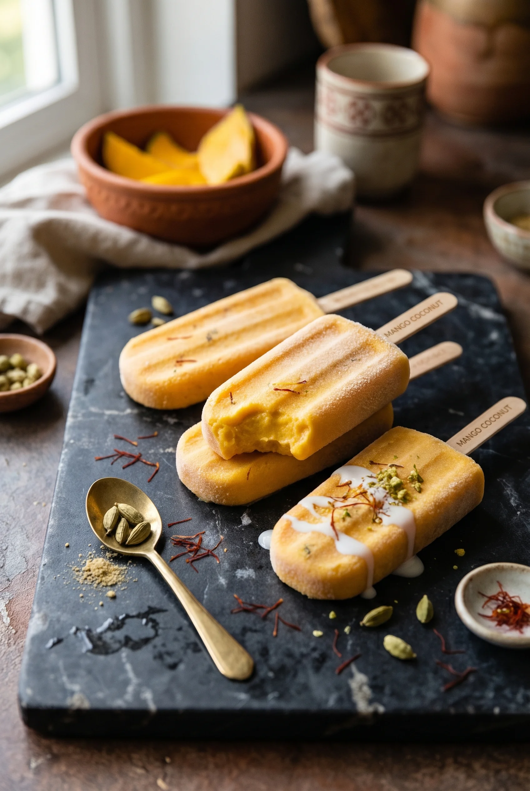 Mango Coconut Popsicles with Cardamom and Saffron