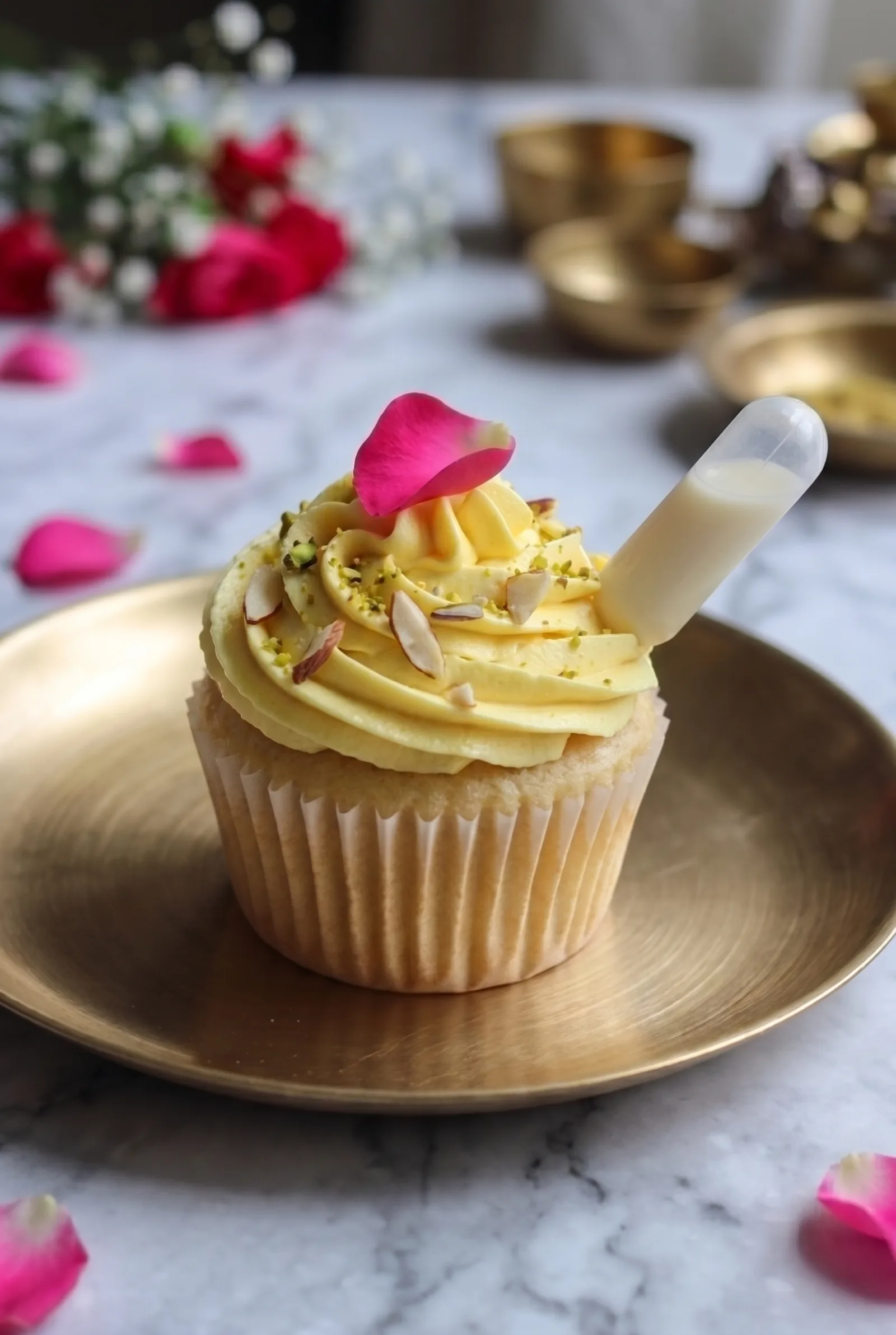 Eggless Rasmalai Cupcakes with Saffron Rose Cream