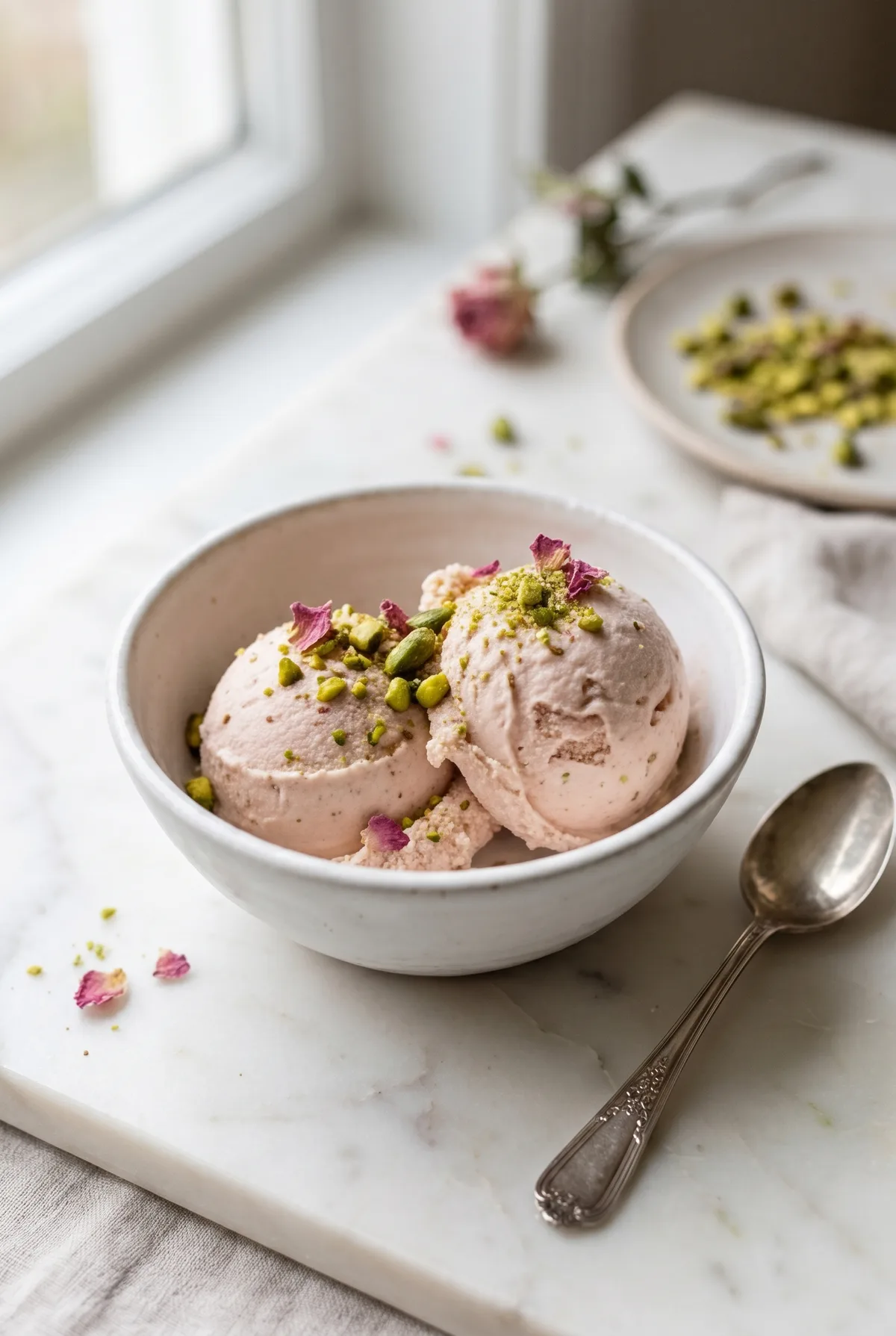 Rose Pistachio Cheesecake Ice Cream (No Churn)