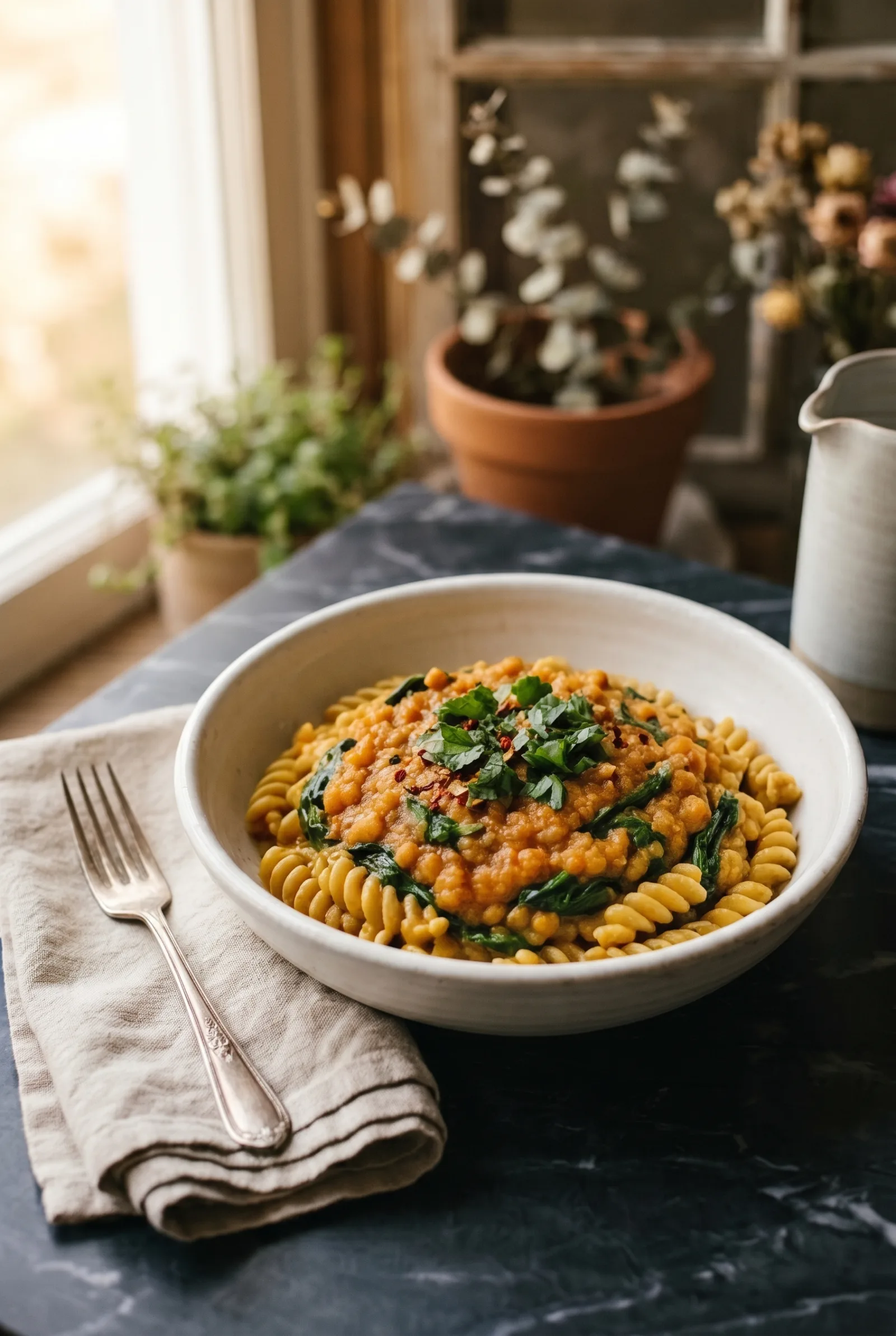 High-Protein Lentil & Spinach Pasta (Dal Palak Style)