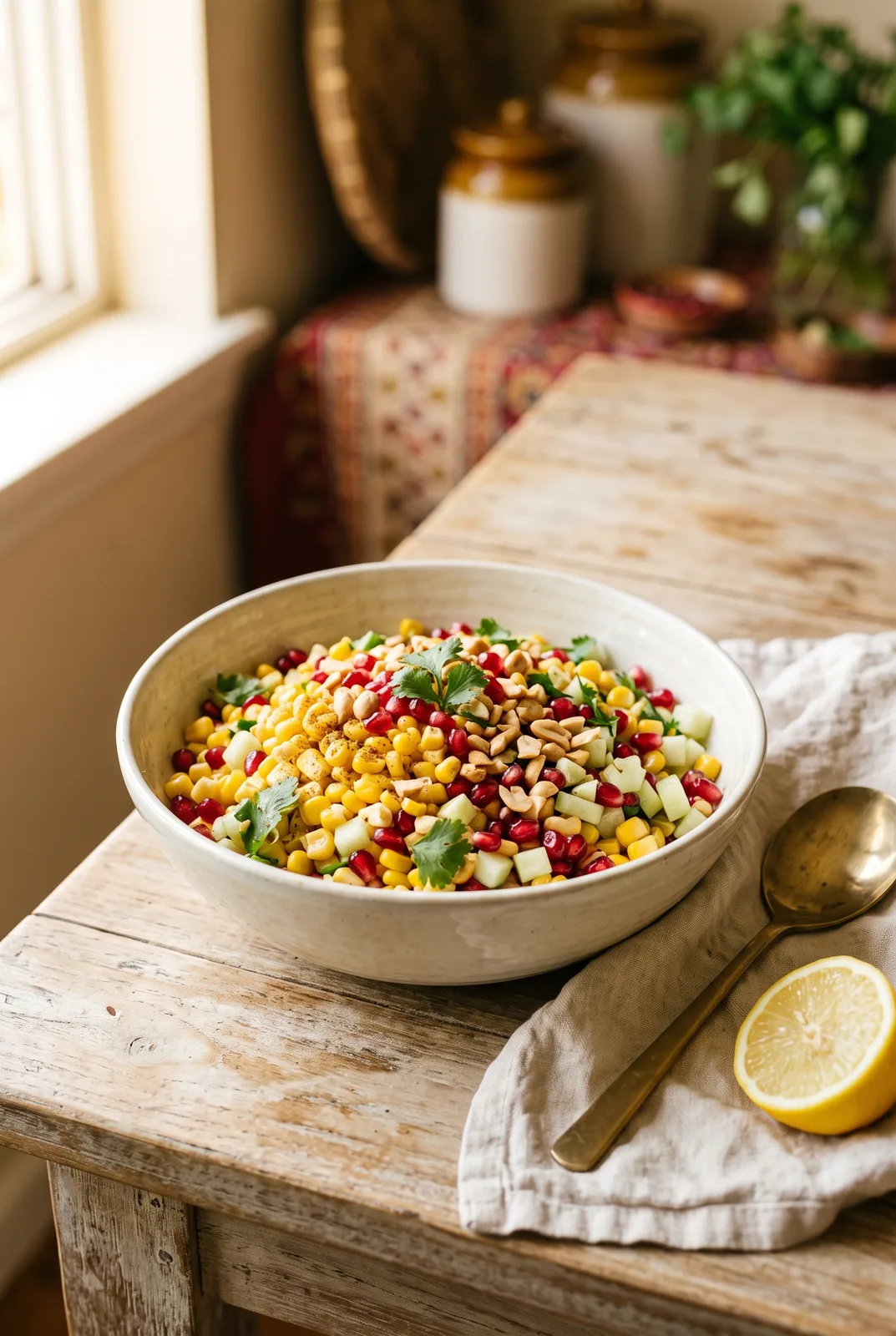 Corn Pomegranate Chaat Salad (Jain)