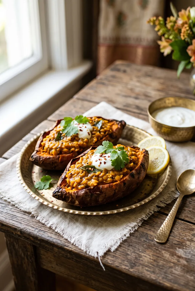 Curried Lentil & Sweet Potato Boats