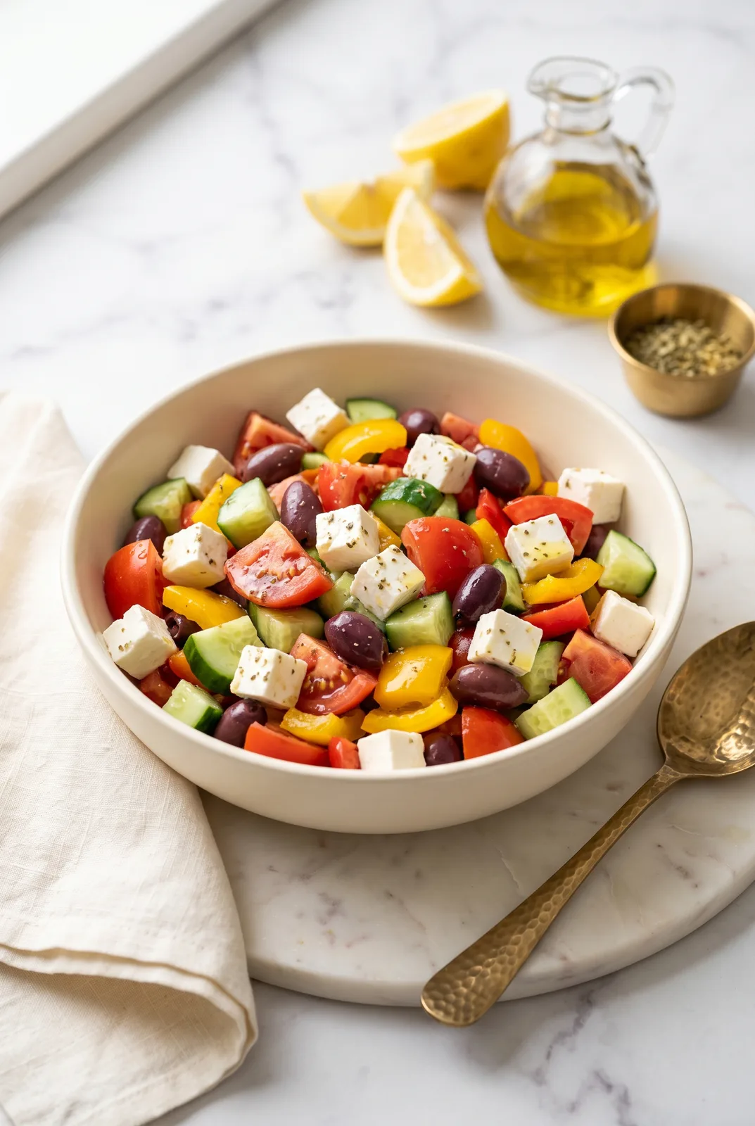 Easy Greek Jain Salad (No Onion, No Garlic)