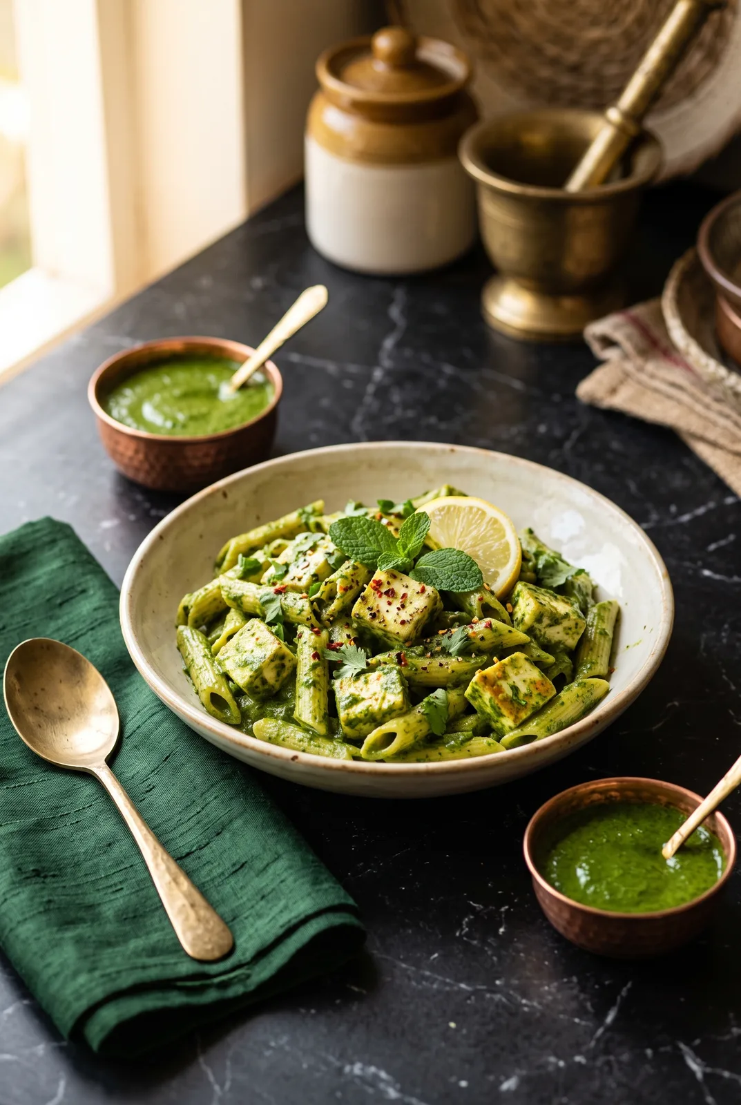 Hariyali Paneer Protein Pasta (Fresh Green Herb Sauce)