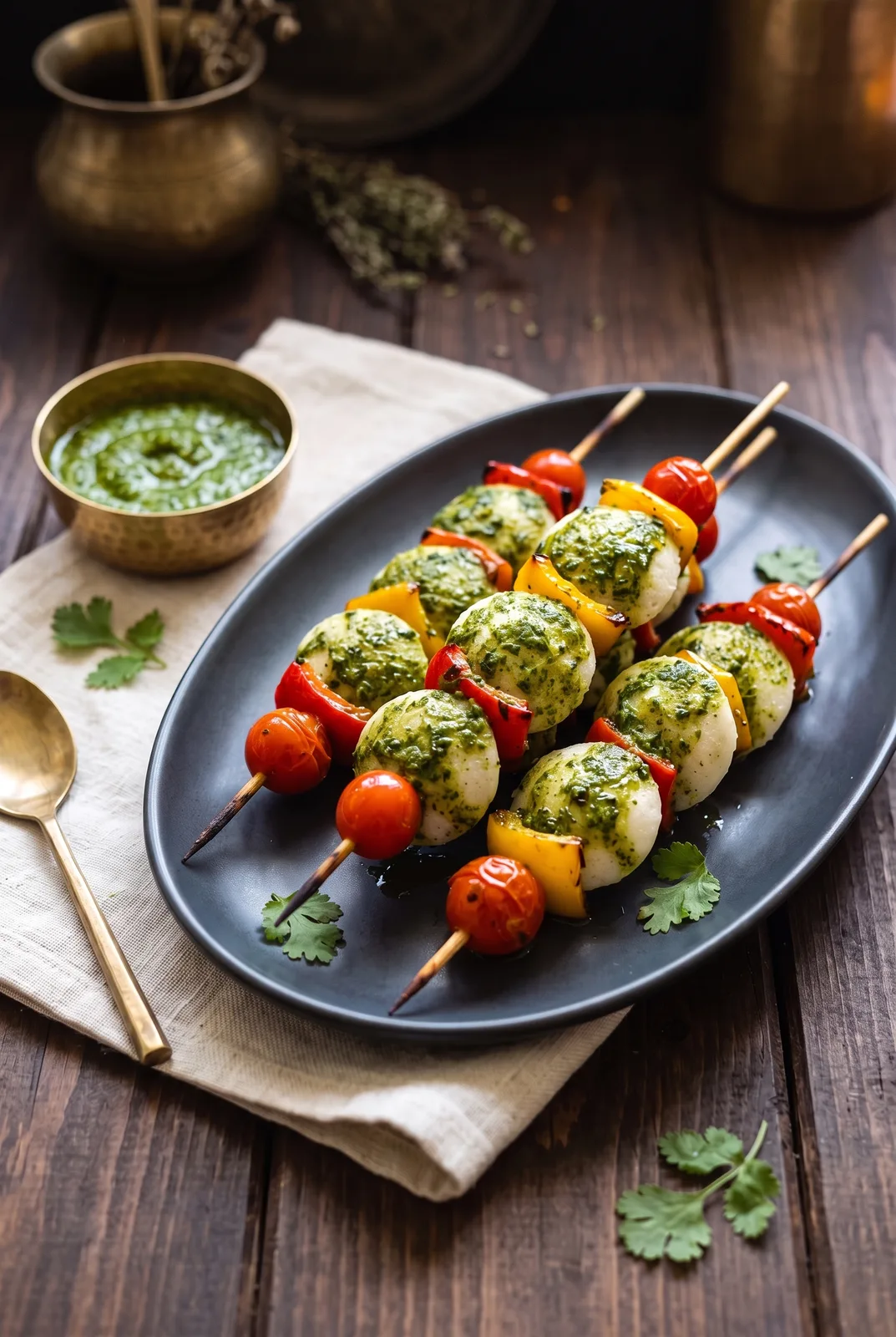Mini Idli Skewers with Pesto
